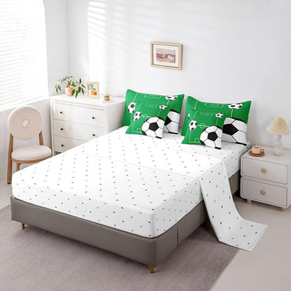 Erosebridal Football 7 Piece Bedding Set King Boys Sports Theme Comforter Set with Sheets Soccer Ball Pattern Playground Bed in a Bag Football Court Green White for Kids Boys Girls