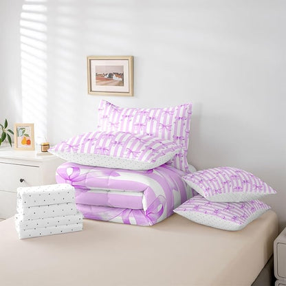 Erosebridal Bowknot White Purple Girls Kawaii King 7-Piece Comforter Set | Geometric Sheets and Pillowcases Cute Bow Bed in A Bag Stripe Bed Sets