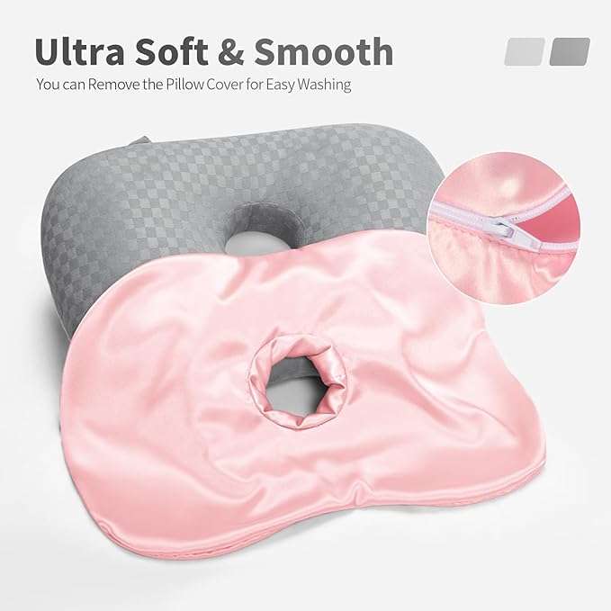 Washable Ear Piercing Pillowcase - Removable Satin Cover with Hole for Side Sleepers, CNH & Ear Pain Relief, Soft Guard for Pressure Sores, Light Pink Silk