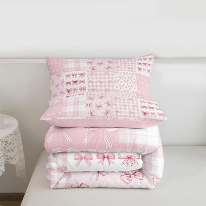 Feelyou Pink Bow Kids Comforter Set King Size Princess Bow Bedding Set Cute Bowknot Duvet Quilt for Kids Boys Girls Bedroom Kawaii Decor Microfiber Ultra Soft Breathable