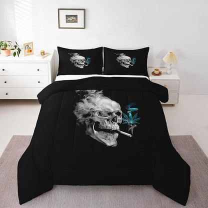 Erosebridal Gothic Skull Bedding Toddler,Turquoise Leaves Comforter Set for Kids Boys Girls,Smoky Skeleton Down Comforter, Plant Tropical Botanical Bedding Comforter Sets