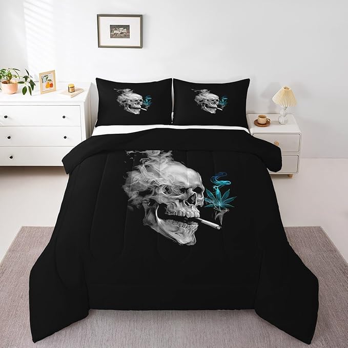 Erosebridal Gothic Skull Bedding Twin,Turquoise Leaves Comforter Set for Kids Boys Girls,Smoky Skeleton Down Comforter, Plant Tropical Botanical Bedding Comforter Sets