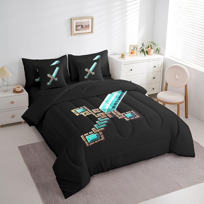 Blue Sword 7Pcs Comforter Set Queen Size,Pixelated Check Sword Bedding Set,Sandbox Block Gaming Fitted Flat Sheet for Kids Boys Teens Room Decor,Modern Black Games Theme 2 Throw Pillow,2 Pillowcases