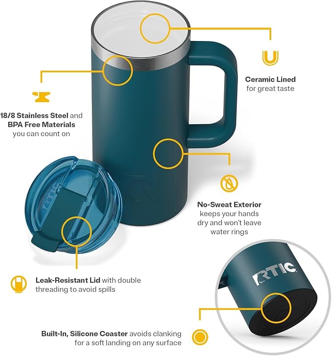 RTIC 16oz Road Trip Travel Mug with Lid and Handle, Ceramic Lined, Insulated, Stainless Steel, Metal, Double Wall Vacuum-Insulation, Portable Coffee, Tea Cup for Hot and Cold Drink, Marine