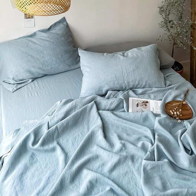 Simple&Opulence Washed Linen Bed Sheet Set Basic Style 4 Pieces (1 Flat Sheet & 1 Fitted Sheet & 2 Pillowcases) 100% Natural French Flax Soft Breathable Farmhouse Bedding (King, Duaty Blue)