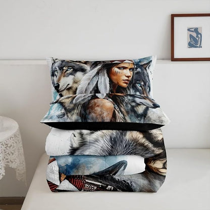 Erosebridal Indian Woman and Wolf Twin Comforter Set,Hunting Wolf Bedding Set for Kids Boys Girls Room Decor,Wild Animal Safari Bed Set Exotic Boho Bedding Comforter Sets,1 Pillowcase