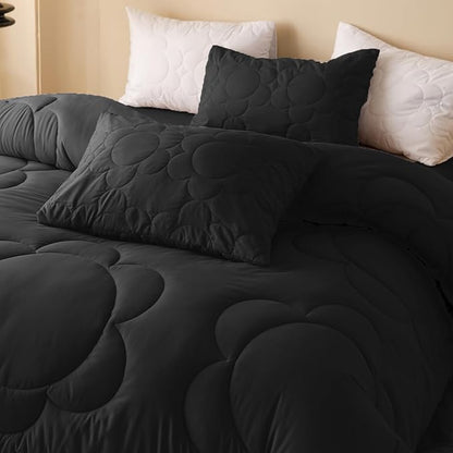 CLOTHKNOW Black Queen Comforter Set 3Pcs Daisy Puff Bedding Comforter Sets Boho Black Comforter Queen Size