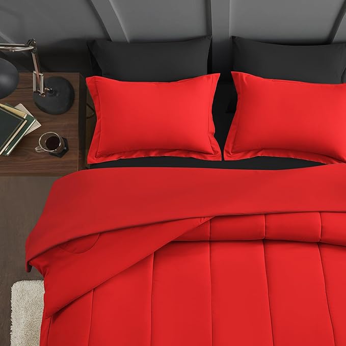 Maple&Stone Full Size Comforter Set 7 Pieces Bed in a Bag - Down Alternative Bed Set with Sheets, Pillowcases & Shams, Soft Reversible Duvet Insert, Black and Red