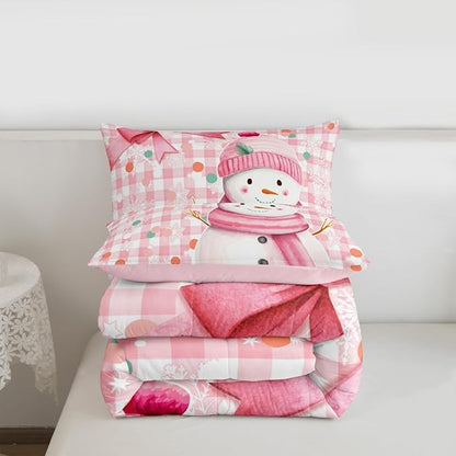 Castle Fairy Pink Bow Girly Style Boys Girls Comforter Set Full Size,Cute Cartoon Snowman Duvet Set Teens Bedroom Decor,Pink White Geometric Grid Dots Microfiber Soft Bedding