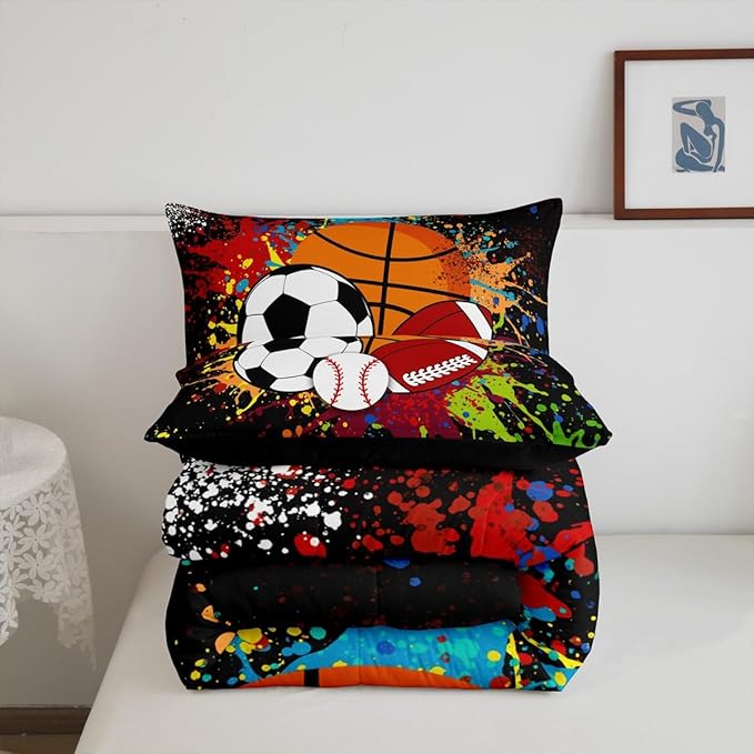 Feelyou Rugby Sports Comforter Set Toddler Size Baseball Comforter for Boys Girls Teens Basketball Bedding Set Football Duvet Set Room Decor Multiful Mixed Ball Quilt Set