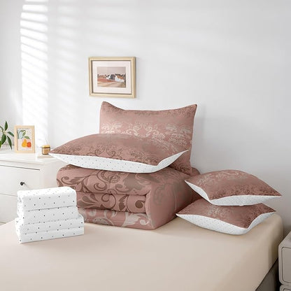 Erosebridal Gothic Damask Comforter Set 7 Piece Bed in a Bag Twin,Butterfly Skull Bedding Sets Light Pink Victorian Floral Goth Sheet Set with Comforter