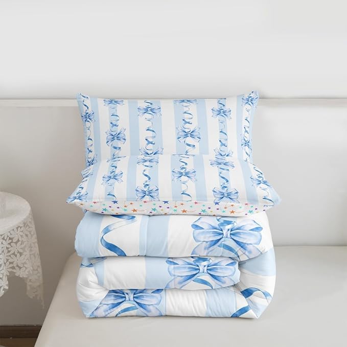 Erosebridal Blue Bowknot Comforter Set King Cute Kawaii Bow Bedding Set for Girls Princess Room Decor,Blue Coquette Bowknot Comforter Geometric Spiral Striped Butterfly Knot Bed Set