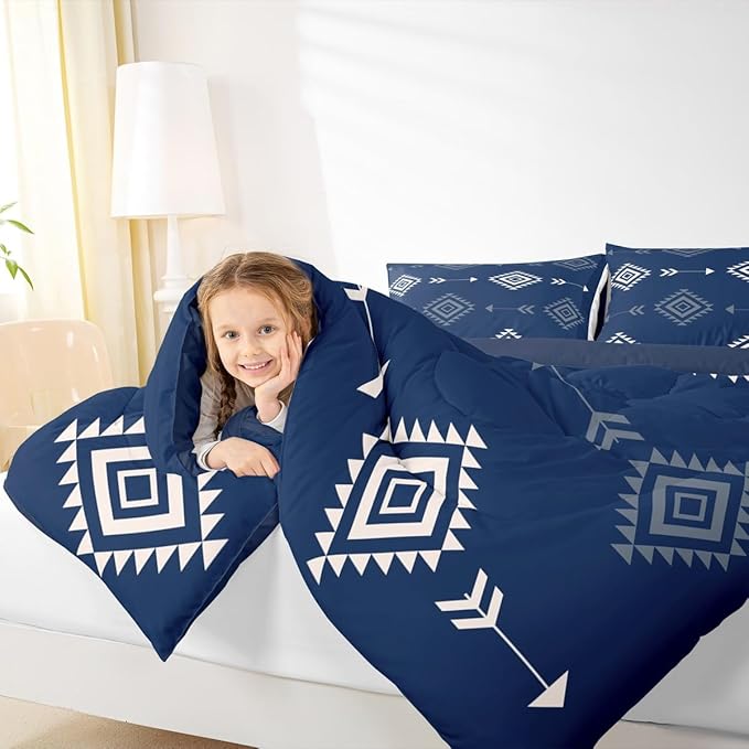Feelyou Blue Western Bedding Set Toddler Size Kids Southwestern Aztec Tribal Comforter Set for Boys Girls Bohemian Duvet Quilt