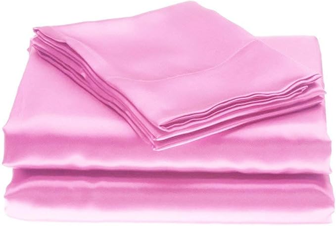 100% Pure Silk Satin Sheet Set 4pcs, Silk Fitted Sheet 15" Deep Pocket Mattress fit,Silk Flat Sheet&Silk Pillowcases Set Soft Silk Sheets|Wrinkle Free Fade Resistant.(Pink,Queen)