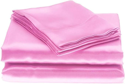 100% Pure Silk Satin Sheet Set 4pcs, Silk Fitted Sheet 15" Deep Pocket Mattress fit,Silk Flat Sheet&Silk Pillowcases Set Soft Silk Sheets|Wrinkle Free Fade Resistant.(Pink,Queen)