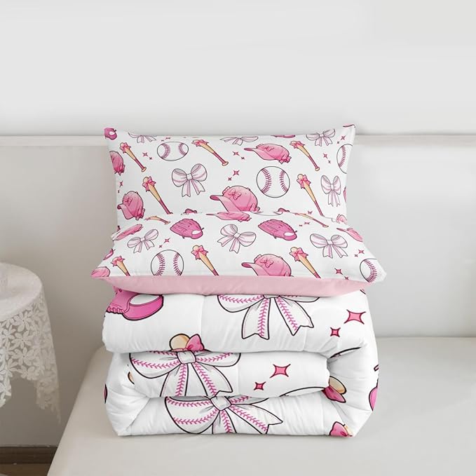 Castle Fairy Baseball Bow Comforter Set Twin Size,Pink Bowknot Bedding Sets 2Pcs for Kids Girls Boys Women Room Decor,Baseball Bat and Cap Quilted Duvet Cute Girly Sports Down Comforter,1 Pillowcase