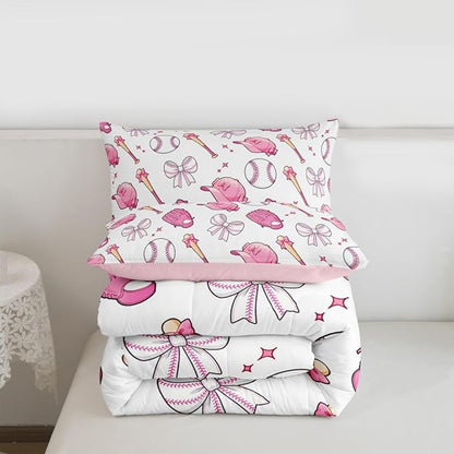 Castle Fairy Baseball Bow Comforter Set Twin Size,Pink Bowknot Bedding Sets 2Pcs for Kids Girls Boys Women Room Decor,Baseball Bat and Cap Quilted Duvet Cute Girly Sports Down Comforter,1 Pillowcase