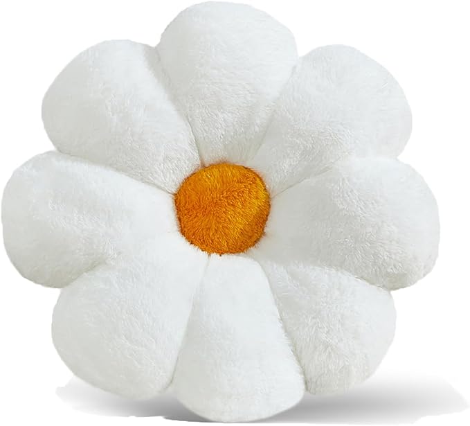 17.7" White Flower Pillow Decorative Throw Cushion – Plush Faux Rabbit Fur, Cute Girls Pillow for Bedroom & Dorm Decor