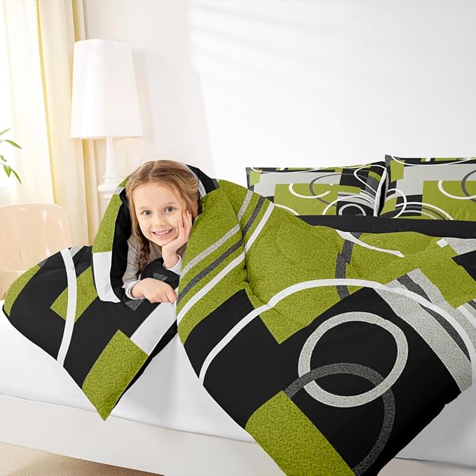 Circles Swirls Comforter Set King For Bedroom Decor Green Yellow Beddings Geometric Square Gromment Quilt Black Gray Patchwork Duvet Insert Modern Graphic Texture Down Comforter With 2 Pillowcases