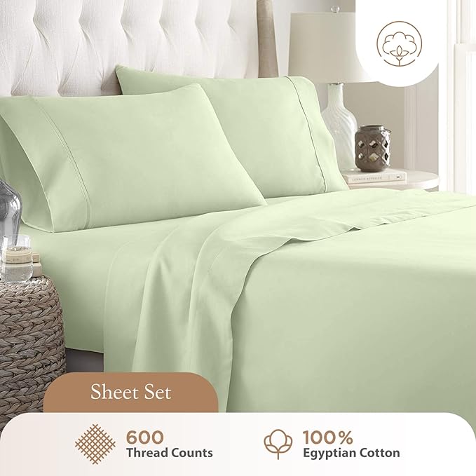 Olympic Queen Sheets Set, 100% Egyptian Cotton, Luxury 600 Thread Count, 4 Pc Super Queen Sheets Sets, Soft & Breathable, Snug Fit, 16" Deep Pocket Fitted Sheet, 2 Pillowcases & 1 Flat Sheet, Sage