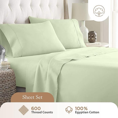 Olympic Queen Sheets Set, 100% Egyptian Cotton, Luxury 600 Thread Count, 4 Pc Super Queen Sheets Sets, Soft & Breathable, Snug Fit, 16" Deep Pocket Fitted Sheet, 2 Pillowcases & 1 Flat Sheet, Sage