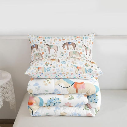 Cute Horse Bedding Sets Full Size,Watercolor Flower Comforter Set 3Pcs for Kids Girls Boys Women Room Decor,Rustic Farmhouse Quilted Duvet Boho Animal Plants Down Comforter,2 Pillowcases