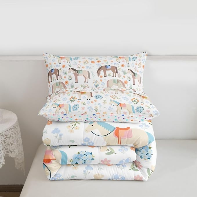 Cute Horse Comforter Set Twin Size,Watercolor Flower Bedding Sets 2Pcs for Kids Girls Boys Women Room Decor,Rustic Farmhouse Quilted Duvet Boho Animal Plants Down Comforter,1 Pillowcase