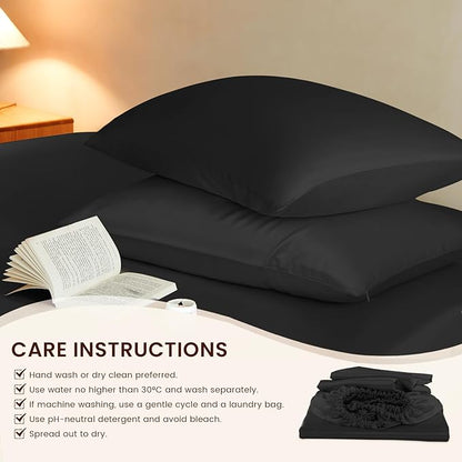 THXSILK Luxury Mulberry Silk Fitted Sheet Set 3 Pcs, Queen Silk Bed Sheet Set with 16" Deep Pockets, Soft & Cooling Sheets, 1 Fitted Sheet, 2 Pillowcases with Zipper Closure - Black