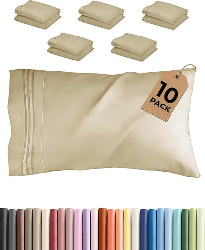 King Pillow Cases Set of 10 - Ultra Soft Hotel Quality Pillowcase Covers - Comfy & Wrinkle Free - Shrink, Stain and Fade Resistant - Easy-Care, Machine Washable Pillow Protectors - 10 Pcs Set - Beige