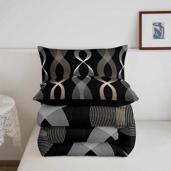 Erosebridal Black and Gold Toddler Comforter Set, Gold Striped Abstract Bedding Set for Men Women Adults Teens, Contemporary Boho Modern Art Comforter, Ombre Geometric Stripes Artistic Quilt