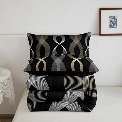 Erosebridal Black and Gold Twin Bedding Set, Gold Striped Abstract Comforter Set for Men Women Adults Teens, Contemporary Boho Modern Art Quilt, Ombre Geometric Stripes Artistic Comforter