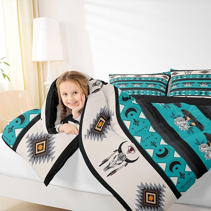 Erosebridal Exotic Moth Queen Comforter Set Bull Skull Quilt for Kids Child Boys Girls,Western Boho Bedding Set Geometric Aztec Decor Western Duvet Insert,Tribe Arrow Bohemian Room Decor Teal Blue
