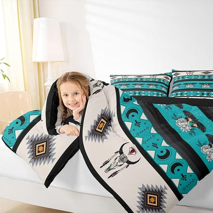 Erosebridal Boho Moth Bedding Set Bull Skull Comforter Set for Kids Child Boys Girls,Sun and Moon Southwestern Quilt Geometric Aztec Decor Western Duvet Insert King,Bohemian Room Decor Teal Blue