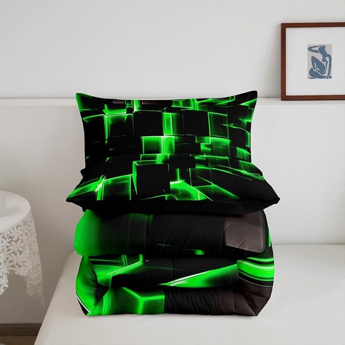 Erosebridal Honeycomb Bedding Set Queen Size, 3D Modern Abstract Square Grid Comforter for Kids Girls Boys Green Neon Light Geometric Print Bed Set Bedroom Decor, 3 Pieces