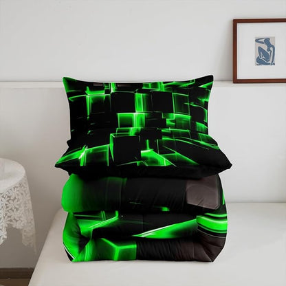 Erosebridal Honeycomb Bedding Set Twin Size, 3D Modern Abstract Square Grid Comforter for Kids Girls Boys Green Neon Light Geometric Print Bed Set Bedroom Decor, 2 Pieces