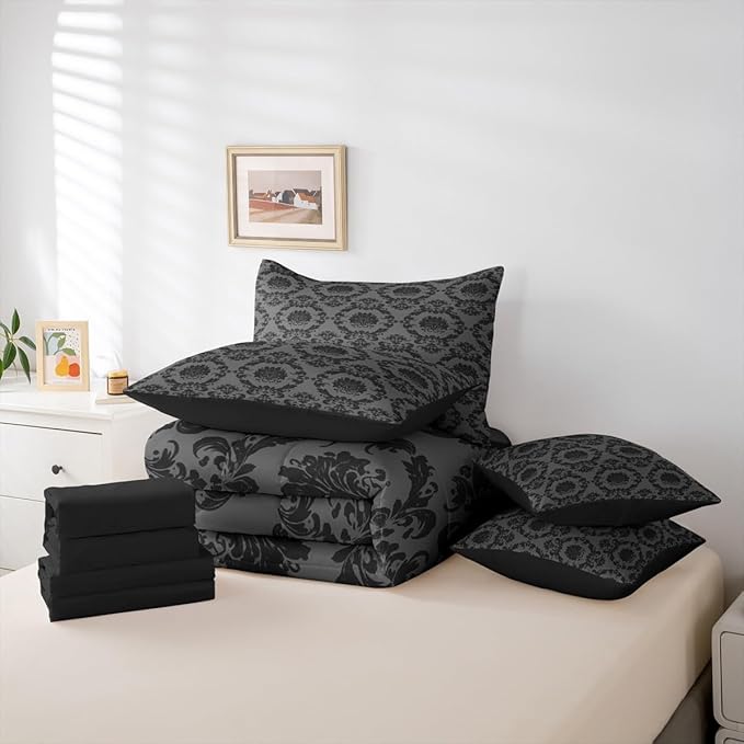 Erosebridal Charcoal Grey and Black Damask Queen Comforter Set with Sheets | Antique Decor Gothic Vintage Floral 7-Piece Bedding Set Boho Baroque Bed in a Bag, Luxury Bohemian Bed Sets