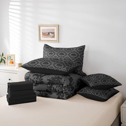 Erosebridal Charcoal Grey and Black Damask Full Size Bed Sheets and Comforter Set | Antique Decor Gothic Vintage Floral 7-Piece Bedding Set Boho Baroque Bed in a Bag, Luxury Bohemian Bed Sets