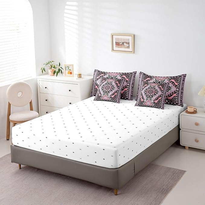 Feelyou Sun Moon Bed in a Bag with Comforter, Full Size 7Pcs Boho Exotic Bedding Set with Comforter, Pink Bohemian Galaxy Comforter Women Men Teens Ultra Soft Decor Astrology Space Room Decor