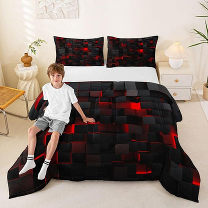 Erosebridal Black and Red Comforter Set Queen Neon Geometric Checkered Bedding Set Gamer Room Decor for Boys,Abstract Grids Quilt Comforter for Kids Teen Men Plaid Check Bed Set 3 Pcs