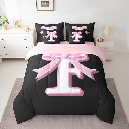 jejeloiu Kids Girls Black Pink Bow Comforter Set with Sheets King Size Monogrammed 7 Piece Bedding Set Personalized Initial F Bed in a Bag with Comforter,Sheets,Pillowcases Modern Fashion Bed Set