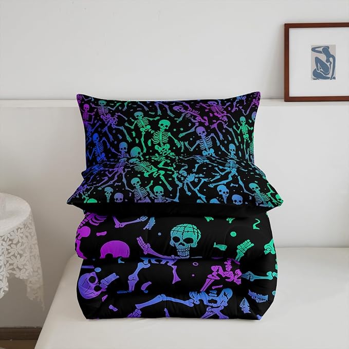 Erosebridal Sugar Skull Comforter Set Halloween Bedding Set King Size Green Blue Purple Ombre Down Comforter for Kids Boys Girls Skeleton Bones Quilted Duvet Warm Soft Horror Theme Bedroom Decor 3Pcs