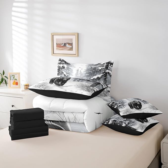 Erosebridal King Size Black Bear in Winter Bedding, 7Pcs Merry Christmas Comforter Set for Boys Girls Rustic Farm Animal Print Bed Sets Winter Snowflake Wild Black Bear Bedroom Comforter with Sheets