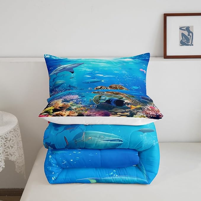 Erosebridal Sea Turtle Comforter Set King Size,Shark Bedding Set,Ocean Animals Fishes Down Comforter,Tortoise Rainbow Coral Duvet Insert,Home Textiles Comforters for Teens Boys Girls