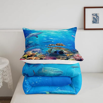 Erosebridal Sea Turtle Comforter Set Full Size,Shark Bedding Set,Ocean Animals Fishes Down Comforter,Tortoise Rainbow Coral Duvet Insert,Home Textiles Comforters for Teens Boys Girls