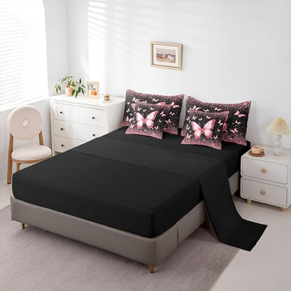 Feelyou Pink Butterfly 7 Piece Bedding Set Glitter Print Comforter Set with Sheets for Kids Boys Girls Pretty Animal Bed in a Bag Beautiful Butterfly Bed Set Soft Lightweight