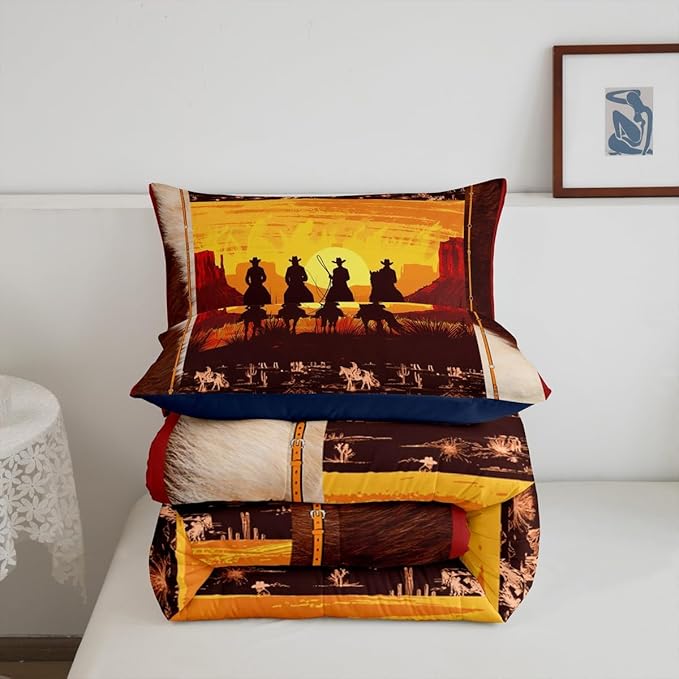 Feelyou Orange Western Decor Comforter Toddler Size Wild Western Cowboy Comforter Set for Boys Girls Children Horse Setting Sun Bedding Set Room Decor Horseshoes West Texas Star Duvet Set 2Pcs