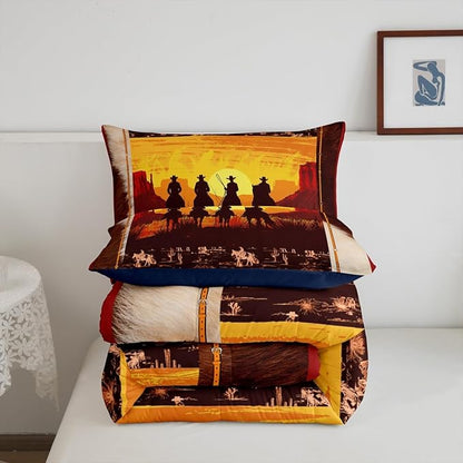 Feelyou Orange Western Decor Comforter Full Size Wild Western Cowboy Comforter Set for Boys Girls Children Horse Setting Sun Bedding Set Room Decor Horseshoes West Texas Star Duvet Set 3Pcs