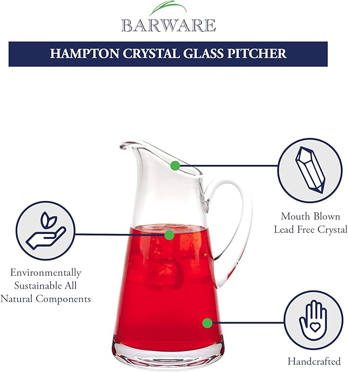 Badash Hampton Crystal Glass Pitcher - 54 oz. European Mouth-Blown Crystal Pitcher for Water, Iced Tea, Juice & More - Classic Shape, Fine Quality Lead-Free Crystal