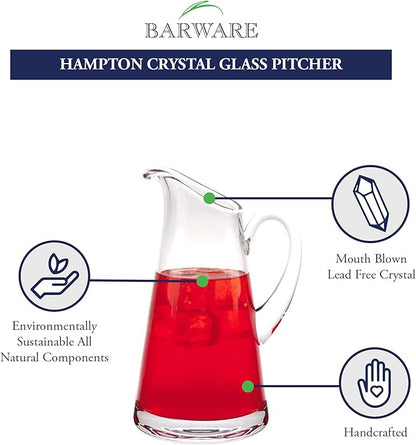 Badash Hampton Crystal Glass Pitcher - 54 oz. European Mouth-Blown Crystal Pitcher for Water, Iced Tea, Juice & More - Classic Shape, Fine Quality Lead-Free Crystal