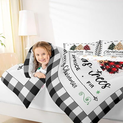 Christmas Tree Comforter Set Twin Size,Black White Geometric Check Bedding 2pcs for Kids Girls Adults Home Winter Room Decor,Red Green Leopard Pine Quilt Happy New Year Duvet Insert